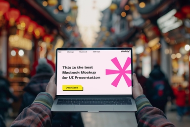 Man Showcasing Laptop Mockup in Market