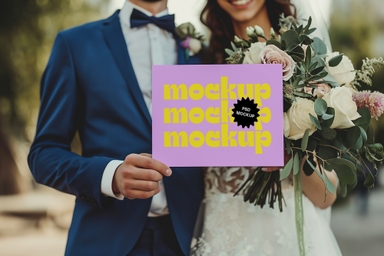 Married Couple Shows Wedding Invitation Card Mockup