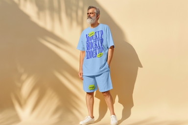 Senior Man Wearing Loose Fit T-shirt and Shorts Mockup
