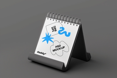 Spiral-bound Calendar Mockup Standing Upright on Stand