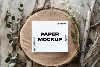 Square Wedding Invitation Card Mockup on Circular Wooden Log