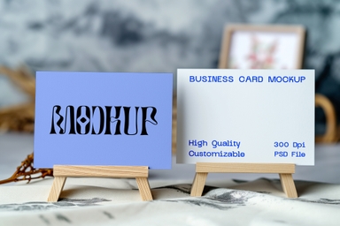Two Business Cards Mockup on Small Wooden Easel
