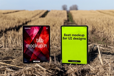 Two Vertical Tablet Mockups in Farm Setting