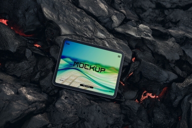 Tablet Mockup on Volcanic Rocks