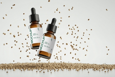 Two Hemp Oil Dropper Bottles Mockup Floating in Air with Hemp Seeds