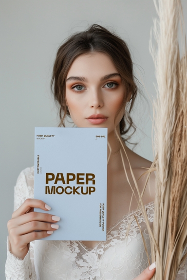 Bride Holding Vertical Wedding Invitation Card Mockup