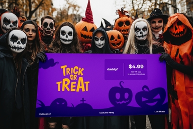 Group Dressed for Halloween Holding Banner Mockup