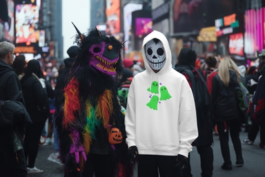 Man in Halloween Prade Wearing Embroidered Hoodie Mockup