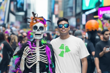 Man in Embroidered T-Shirt Mockup with Skeleton at Halloween Rally