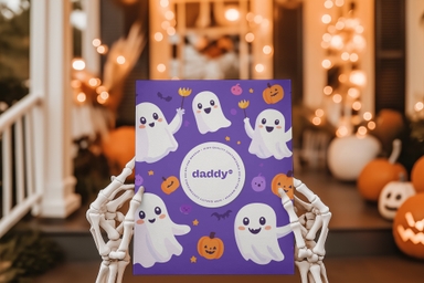 Skeleton Reading Poster Mockup in Front of Halloween-Themed Door