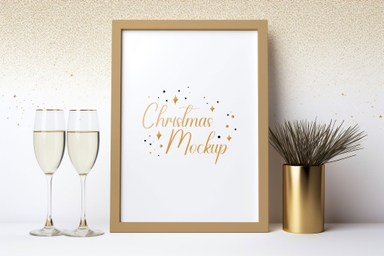 Christmas Celebration Frame Mockup with Champaign Glasses