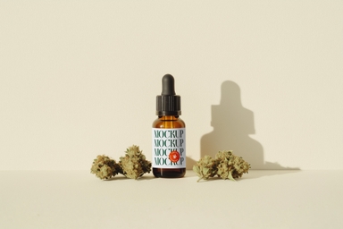 Minimalist CBD Oil Dropper Bottle Mockup with Cannabis Buds