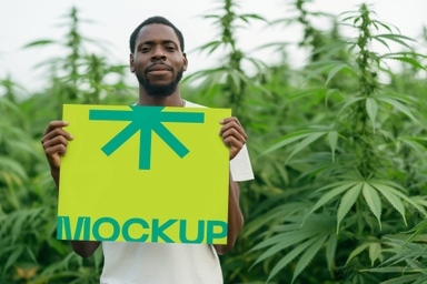 African Man Holding Horizontal Paper Mockup in Cannibies Farm