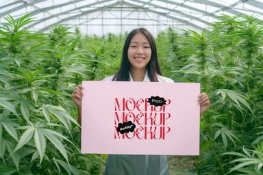 Asian Girl Holding Horizontal Poster Mockup in Cannibies Farm