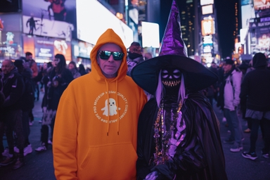 Senior Man Hoodie Mockup with Witch at Halloween Rally