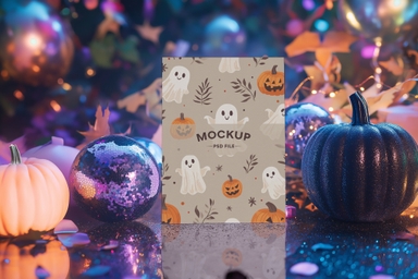Halloween-Themed Poster Mockup with Pumpkins and Sparkling Decor