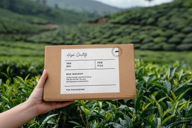 Tea Packaging Box Mockup in Lush Plantation Setting