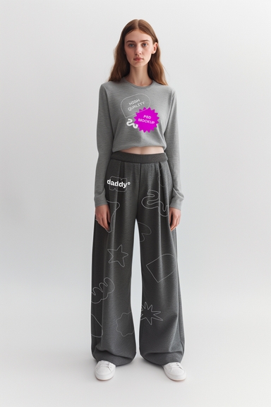Girl Displays Sweatpant and Full-sleeve Crop Top Mockup