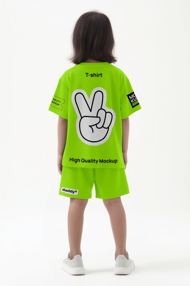 Girl Shows Short Sleeves Tee and Shorts Mock-up Back View