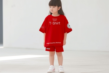 Girl Standing Indoor Displays Loose-fit T-shirt and Short Mockup