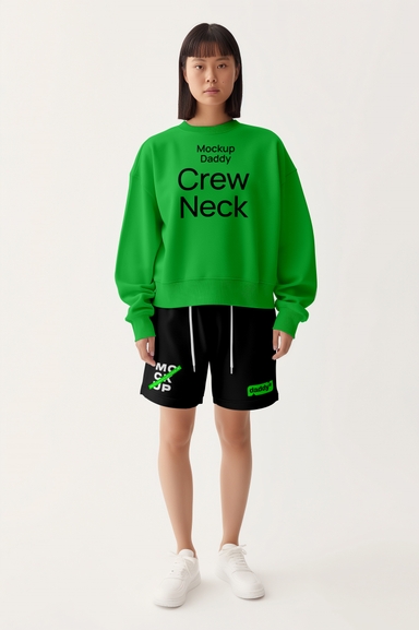 Japanese Girl Wearing Oversized Sweatshirt and Shorts Mockup