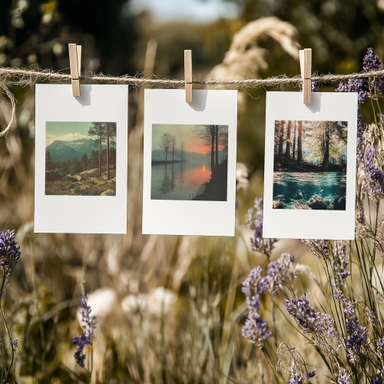 Three Polaroid Mockups Hanging on String in Flower Garden