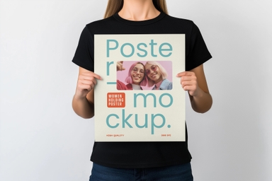 Women in Black Tshirt Showing Blank A3 Poster Mockup