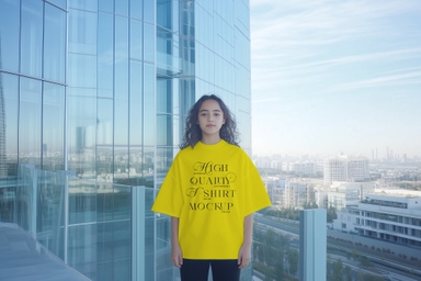 16 year old Arabian Girl T shirt Mockup Standing in High Rise Building