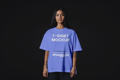 20 Year Old Indian Girl in Loose Fit Tshirt Mockup on Black Background
