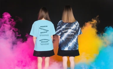 Back View of Two Girls in Colorful Smoke Wearing T-Shirt Mockup