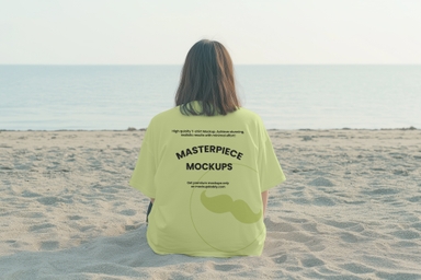 Backside View of Korean Girl Wearing T-shirt Mockup on Beach