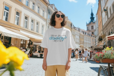 European Woman in Oversized T-Shirt Mockup in Historic Town