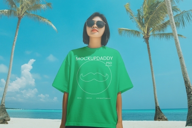 Indonesian Woman's T-shirt Mockup in Front of Tropical Beach