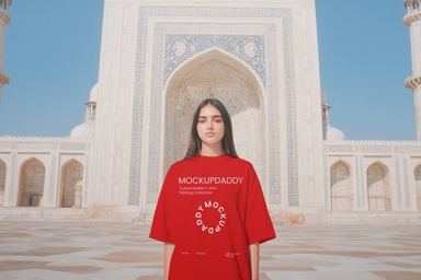 Pakistani Female Wearing Tshirt Mockup in Front of Mosque