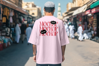 Arabian Man Back View T-shirt Mockup in Local Market