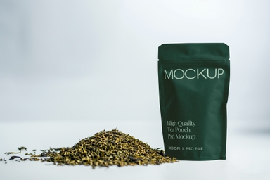Green Tea Standup Pouch Mockup with Loose Tea Leaves