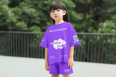 Korean Girl Modeling Oversized Tee and Short Mockup