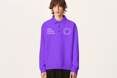 Young Man Wearing Long Sleeves Polo Tee-shirt Mockup