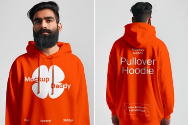 Indian Bearded Man Showcasing Front and Back Hoodie Mockup