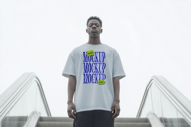 African Genz Male Shirt Mockup Standing on Escalator