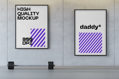 Two Vertical Frame Mockup in Gym with Olympic Barbell