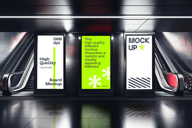Underground Subway Station Three Vertical Advertising Billboards Mockup