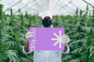 American Man Holding Horizontal Paper Mockup on Cannabis Farm