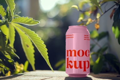 Can Mockup on a Wooden Surface Surrounded by Lush Greenery