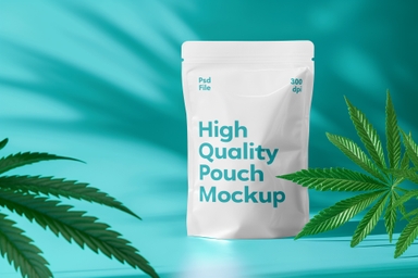 Cannabis Standup Pouch Mockup Featuring Several Cannabis Leaves