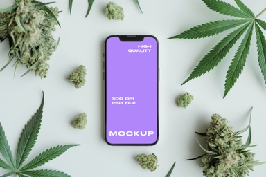 iPhone Mockup Surrounded by Cannabis Buds and Leaves