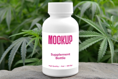 Supplement Bottle Mockup on Rocky Terrain with Cannabis Plants