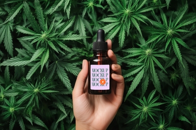 Hand Holding CBD Oil Dropper Bottle Against Cannabis Plants
