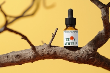 CBD Oil Dropper Bottle Mockup on Tree Branch Against Yellow Backdrop
