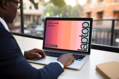 African American Man Using MacBook Mockup on Desk